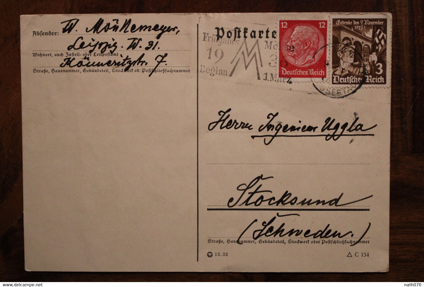 1936 Leipzig Messestadt Stockmund Schweden Deutsche Reich Allemagne Cover Entier Suede Sweden - Lettres & Documents