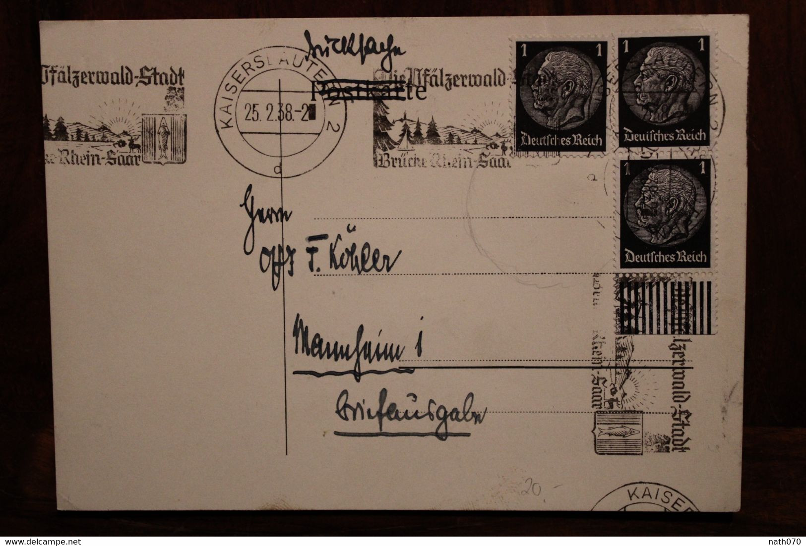 1938 Deutsche Reich Allemagne Cover Entier Brucke Rhein Saar EMA Affranchissement Mécanique - Lettres & Documents