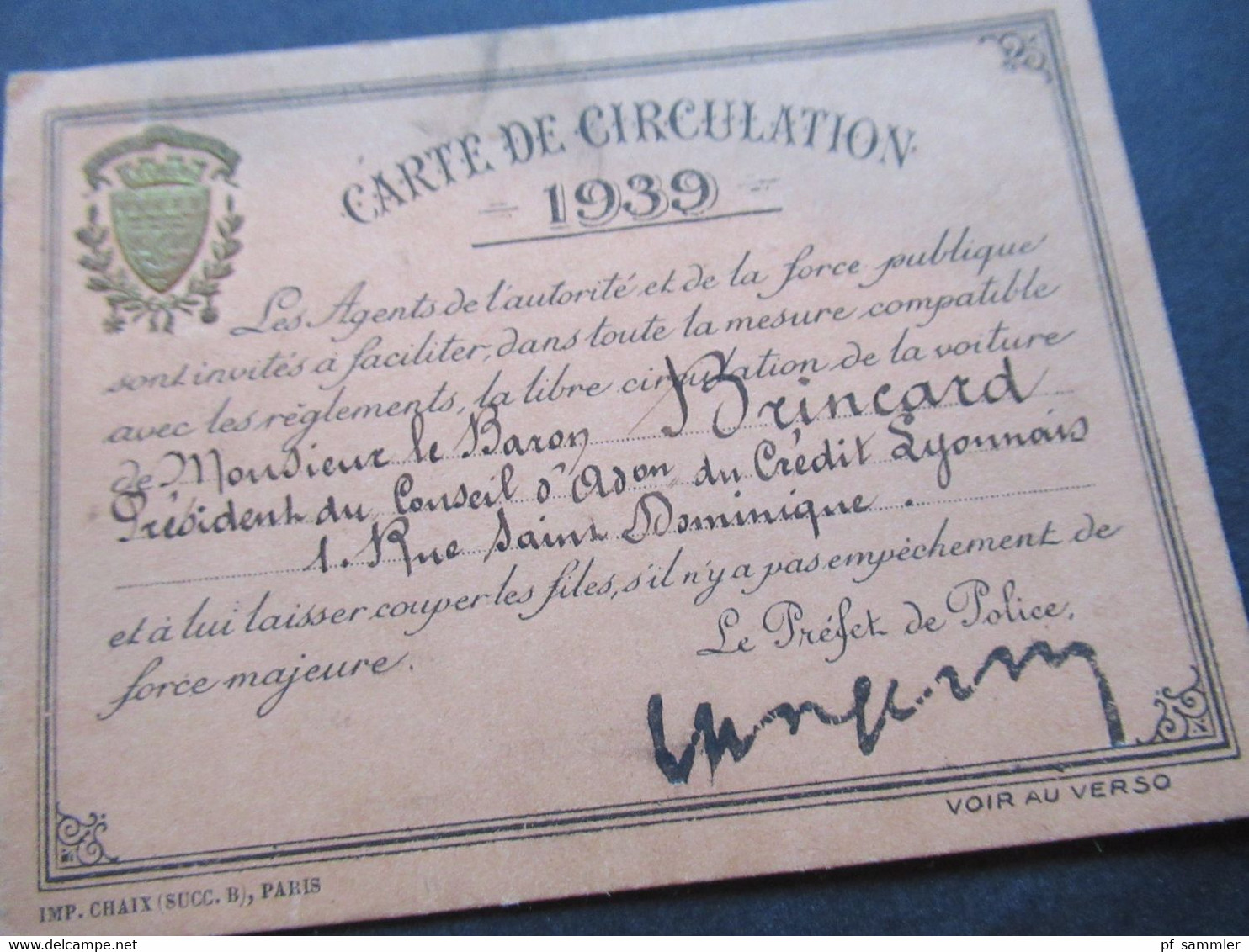 Frankreich 1939 Carte De Circulation De La Voiture / Auto De Monsieur Baron Brincard President De Credit Lyonnais - Historical Documents