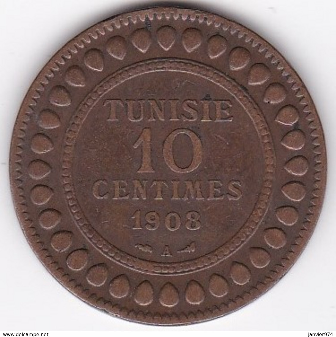 Protectorat Français 10 Centimes 1908 A, En Bronze,  Lec#101 - Túnez