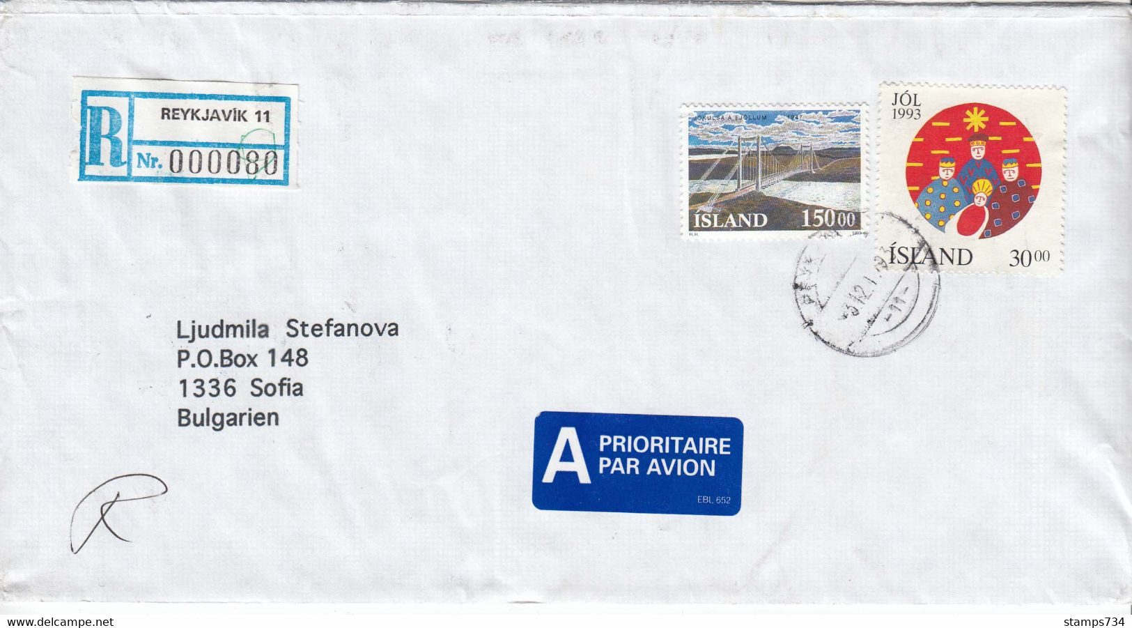 Iceland 1993 - Bridge, Christmas - R-letter+priority From Reykjavik To Sofia/Bulgaria - Covers & Documents