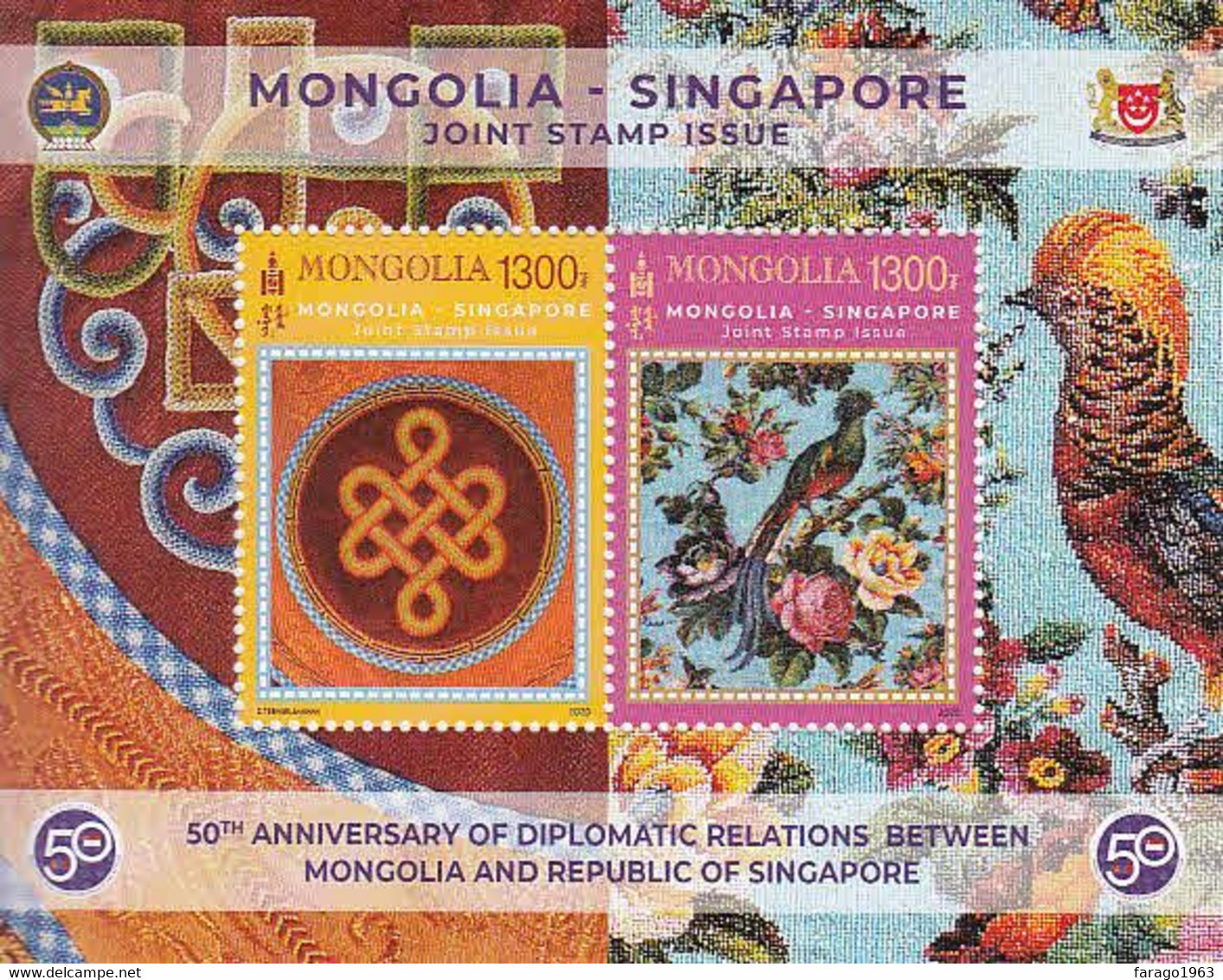 2020 Mongolia JOINT ISSUE Singapore Diplomatic Relations Embroidery  Souvenir Sheet MNH - Mongolia