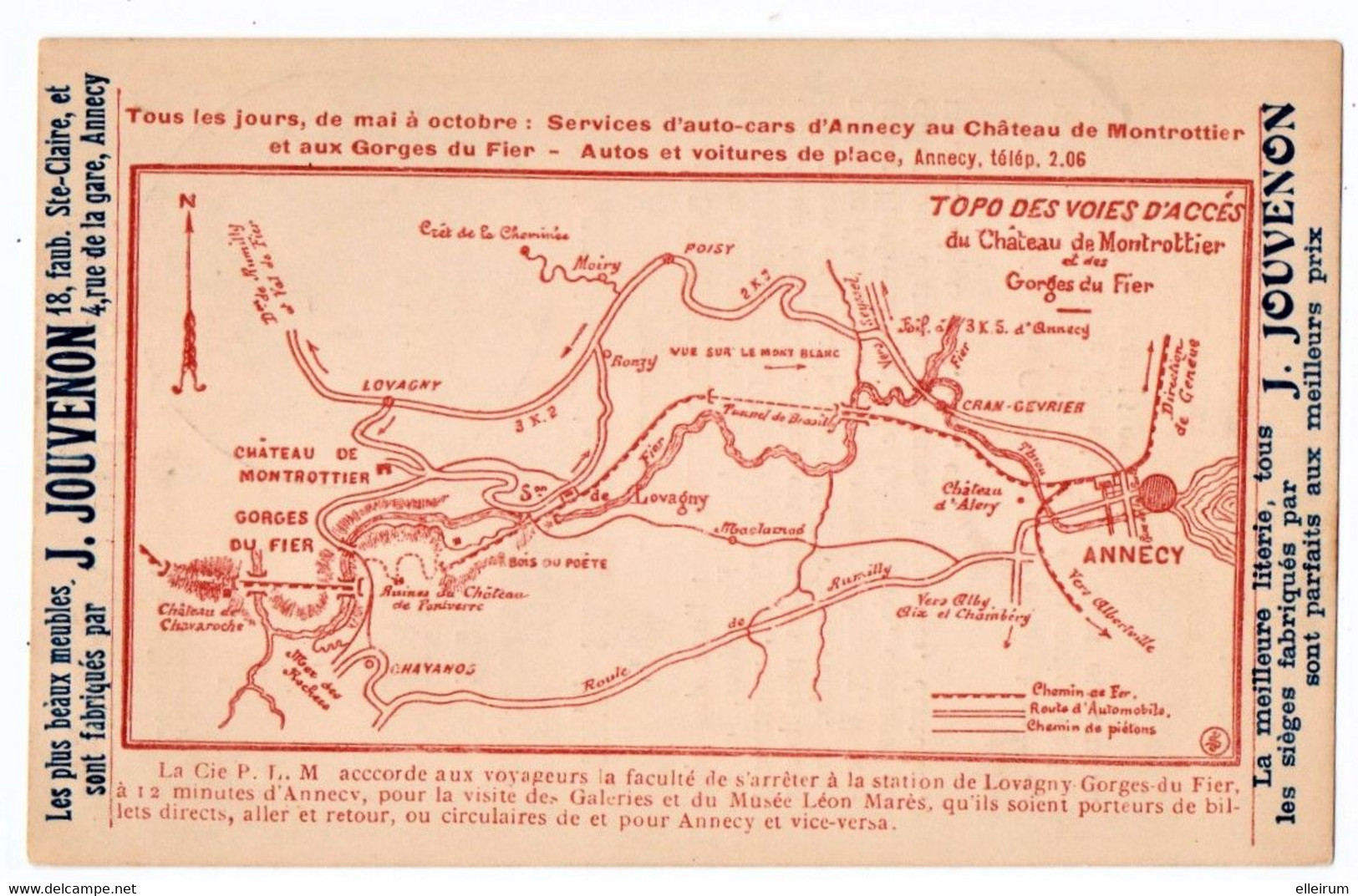 ANNECY (74) CARTE PUBLICITAIRE .TOPO Des VOIES D'ACCES Du CHATEAU De MONTROTTIER Et Des GORGES Du FIER. Cie P.L.M - Carte Geografiche