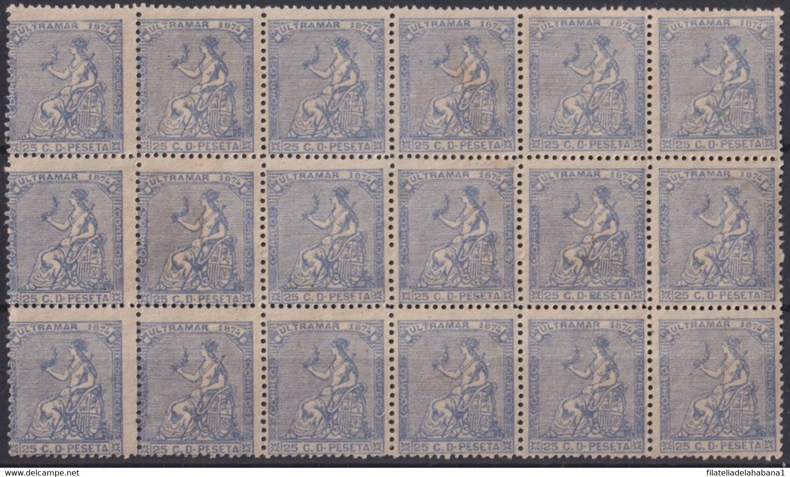 1874-98 CUBA ESPAÑA SPAIN ANTILLAS 1874 25c BLOCK 18 WITHOUT GUM. - Prefilatelia