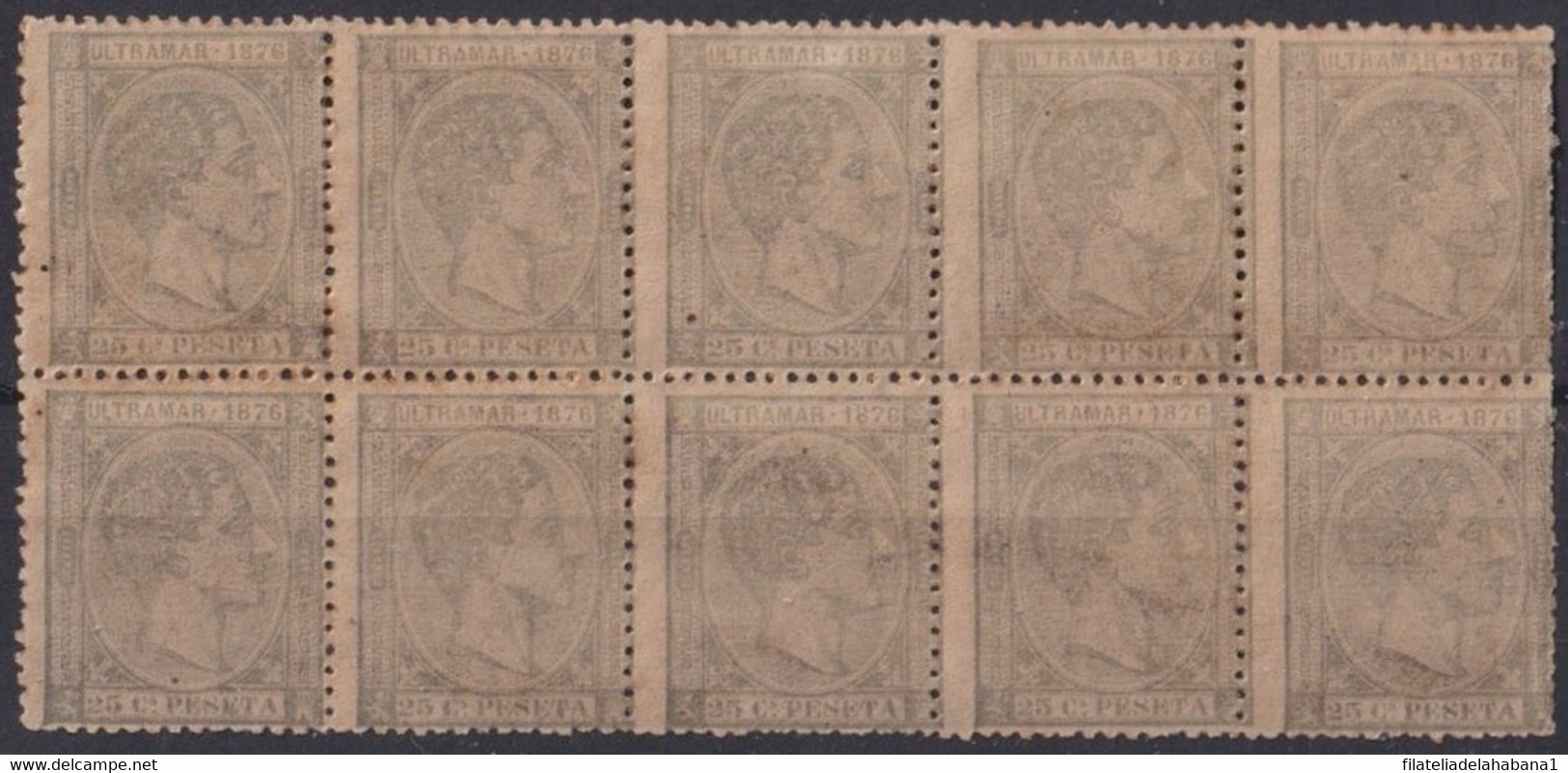 1876-185 CUBA ESPAÑA SPAIN ANTILLAS 1876 ALFONOS XII 25c BLOCK 10 ORIGINAL GUM. - Prefilatelia