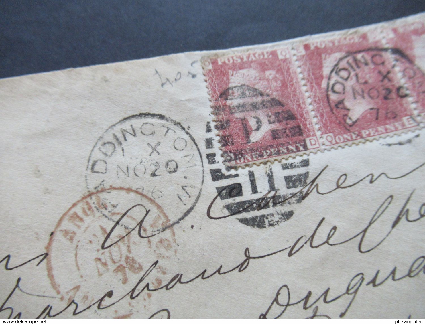 GB 1876 Nr.16 Waag. 3er Streifen Pl.-Nr.171 Nummernstempel P 11 Und Paddington Westminster Brief Nach Rouen Frankreich - Lettres & Documents