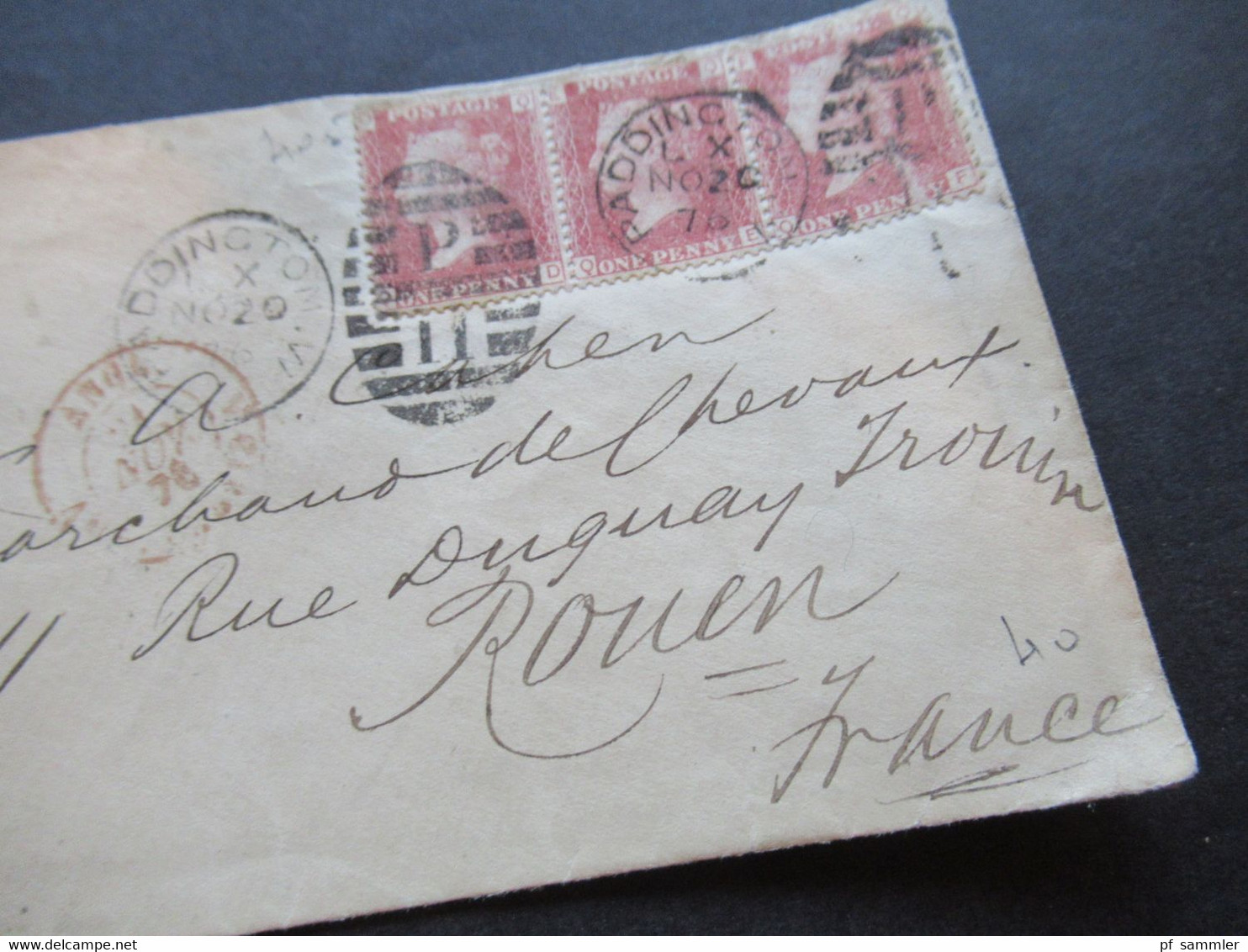 GB 1876 Nr.16 Waag. 3er Streifen Pl.-Nr.171 Nummernstempel P 11 Und Paddington Westminster Brief Nach Rouen Frankreich - Cartas
