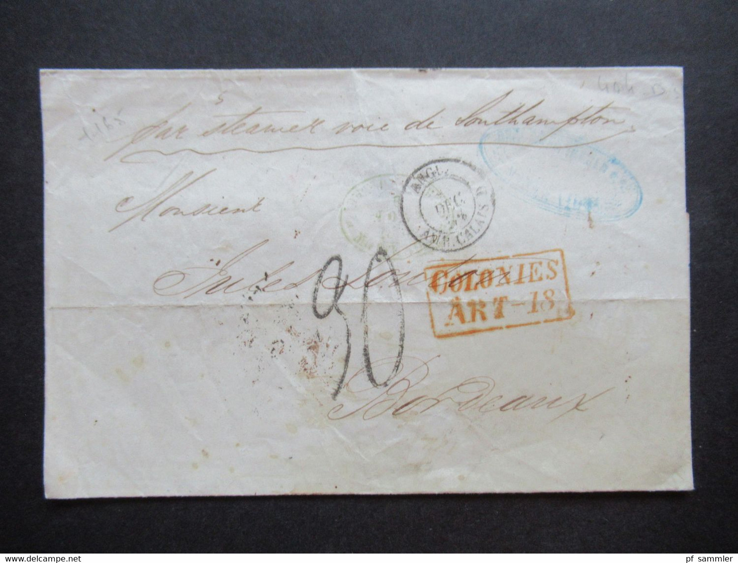 Uruguay 1856 Schiffspost Par Steamer über Southhampton Nach Bordeaux Roter Ra2 Colonies Art 18 Brauner Stp. KM DE 1856 - Uruguay