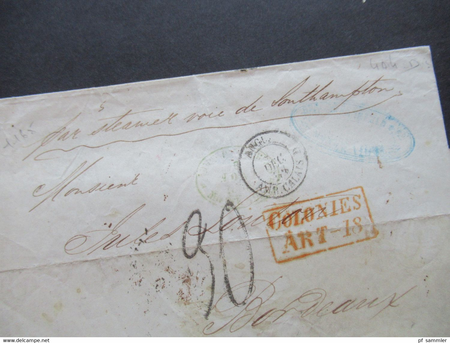 Uruguay 1856 Schiffspost Par Steamer über Southhampton Nach Bordeaux Roter Ra2 Colonies Art 18 Brauner Stp. KM DE 1856 - Uruguay