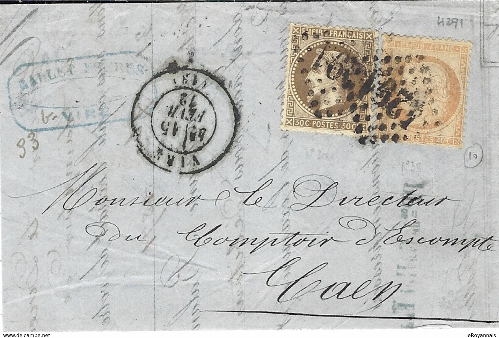 1872- Lettre De VIRE ( Calvados ) Cad T17 Affr. N°30 +38  - 3ème échelon De Poids Pour Caen - 1849-1876: Klassik