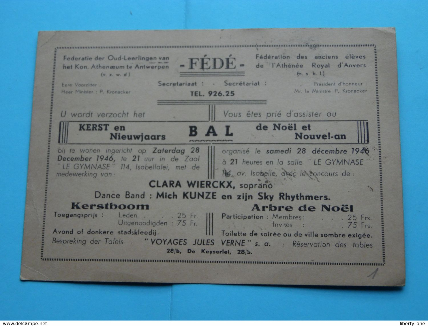 Fédé ( Atheneum Antwerpen ) KERST En NIEUWJAARS BAL ( Zaal Le GYMNASE ) 28 Dec 1946 ( Zie Scans ) ! - Toegangskaarten