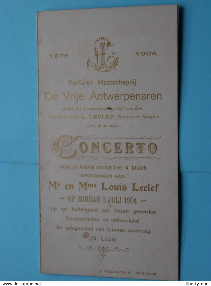 DE VRIJE ANTWERPENAREN Fanfare " CONCERTO " 3 Juli 1904 ( Louis LECLEF ) > Zie Scans ! - Programas