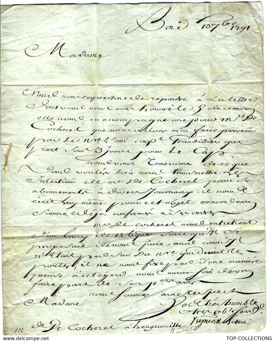 Famille De St Domingue Haiti Le Cap 1791 De Bordeaux  Sign. Maçonnique => De Cocherel   Château D’Hengeuville Normandie - Historical Documents