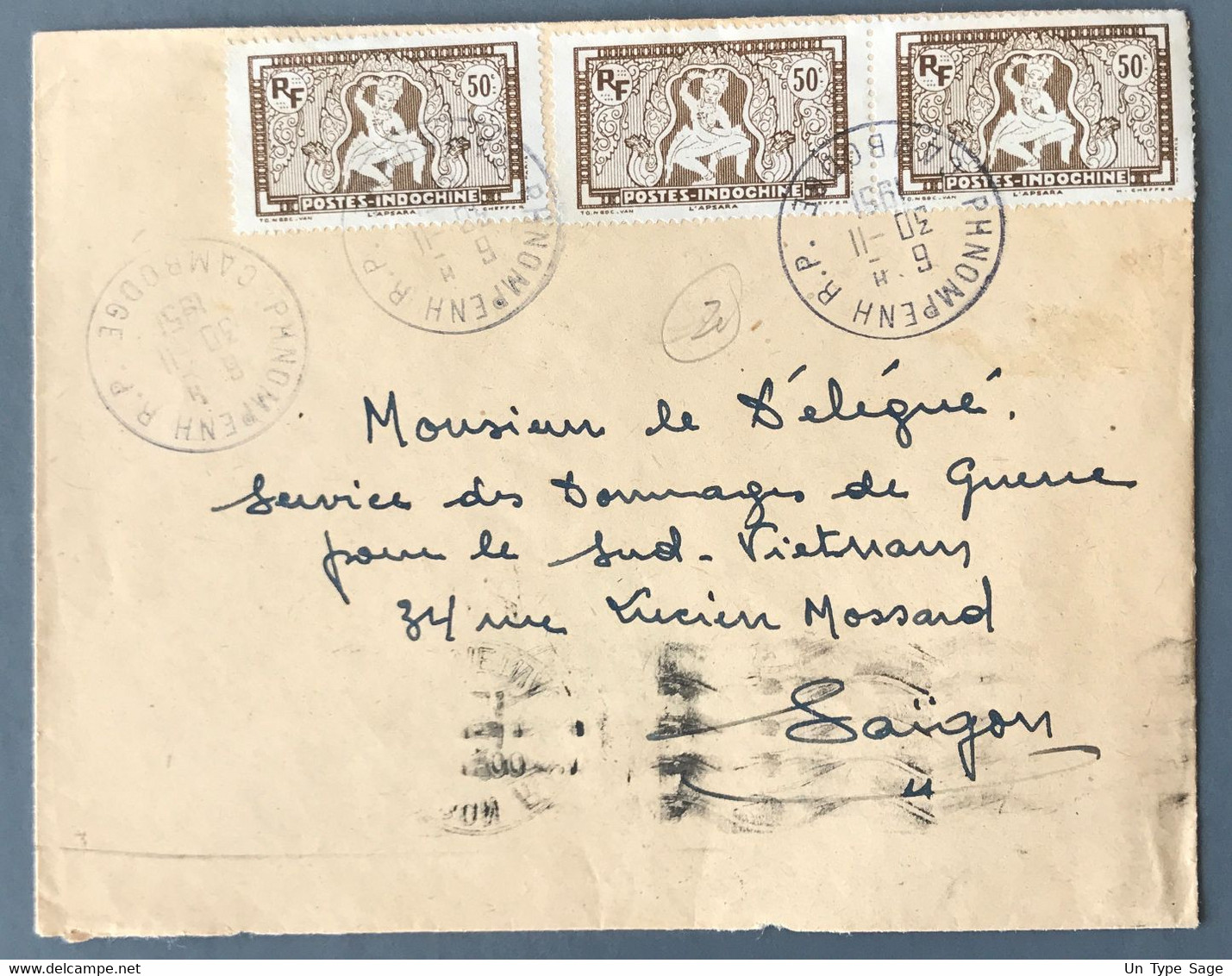 Indochine N°167 (x3) Sur Enveloppe TAD Phnom Penh 30.11.1951 Pour Saigon (usage Tardif)- (A1696) - Briefe U. Dokumente