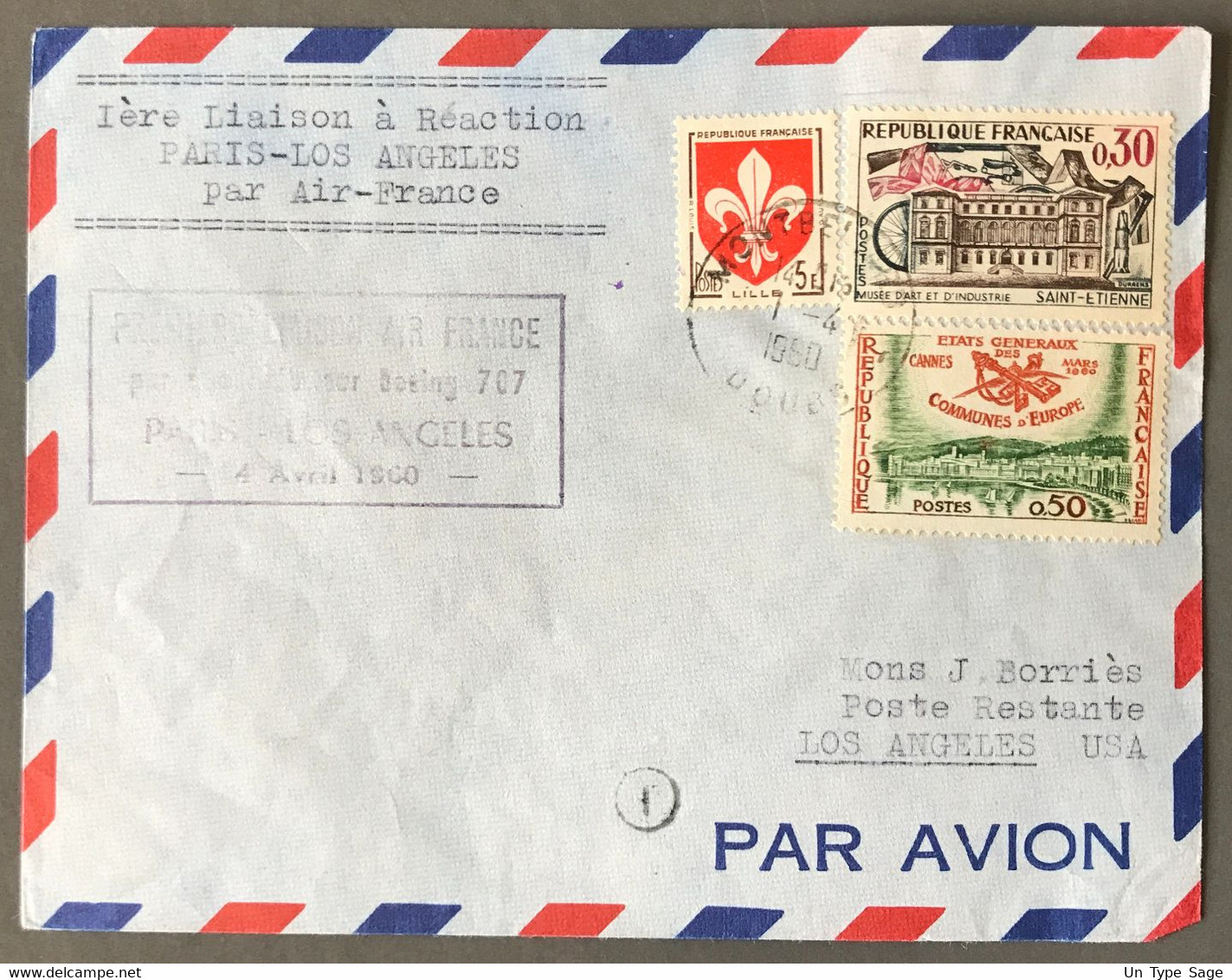 France 1° Liaison à Réaction (Boing 707) PARIS LOS ANGELES 4.4.1960 - (A1708) - 1960-.... Lettres & Documents