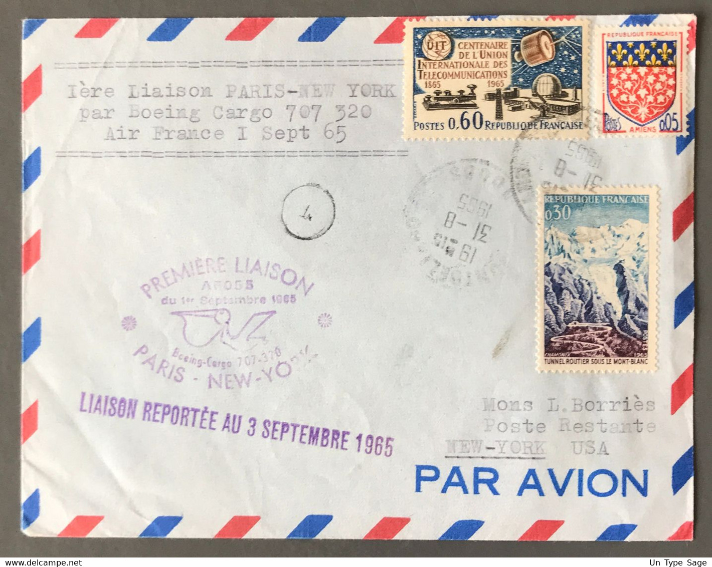 France 1° Liaison à Réaction (Boing 707) PARIS NEW-YORK 1.9.1965 Reportée Au 3.9.1965 - (A1711) - 1960-.... Briefe & Dokumente