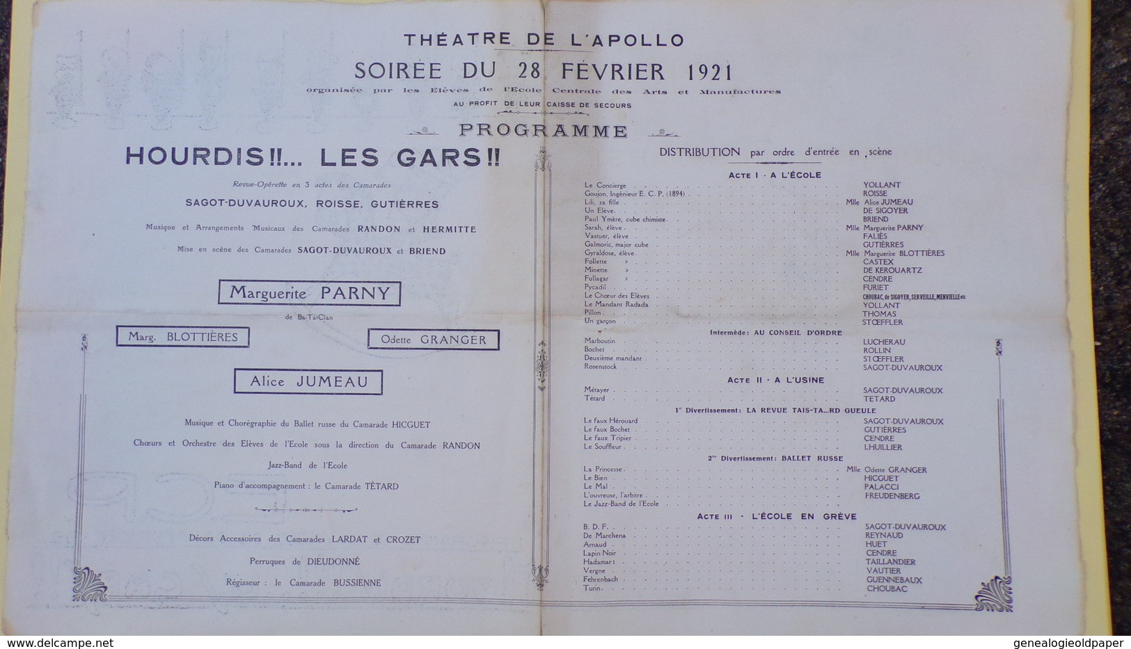 75- PARIS- RARE PROGRAMME ECP-ECOLE CENTRALE ARTS MANUFACTURES-THEATRE APOLLO-1921-HOURDIS !! LES GARS-GUTTIERES-ROISSE- - Programmes