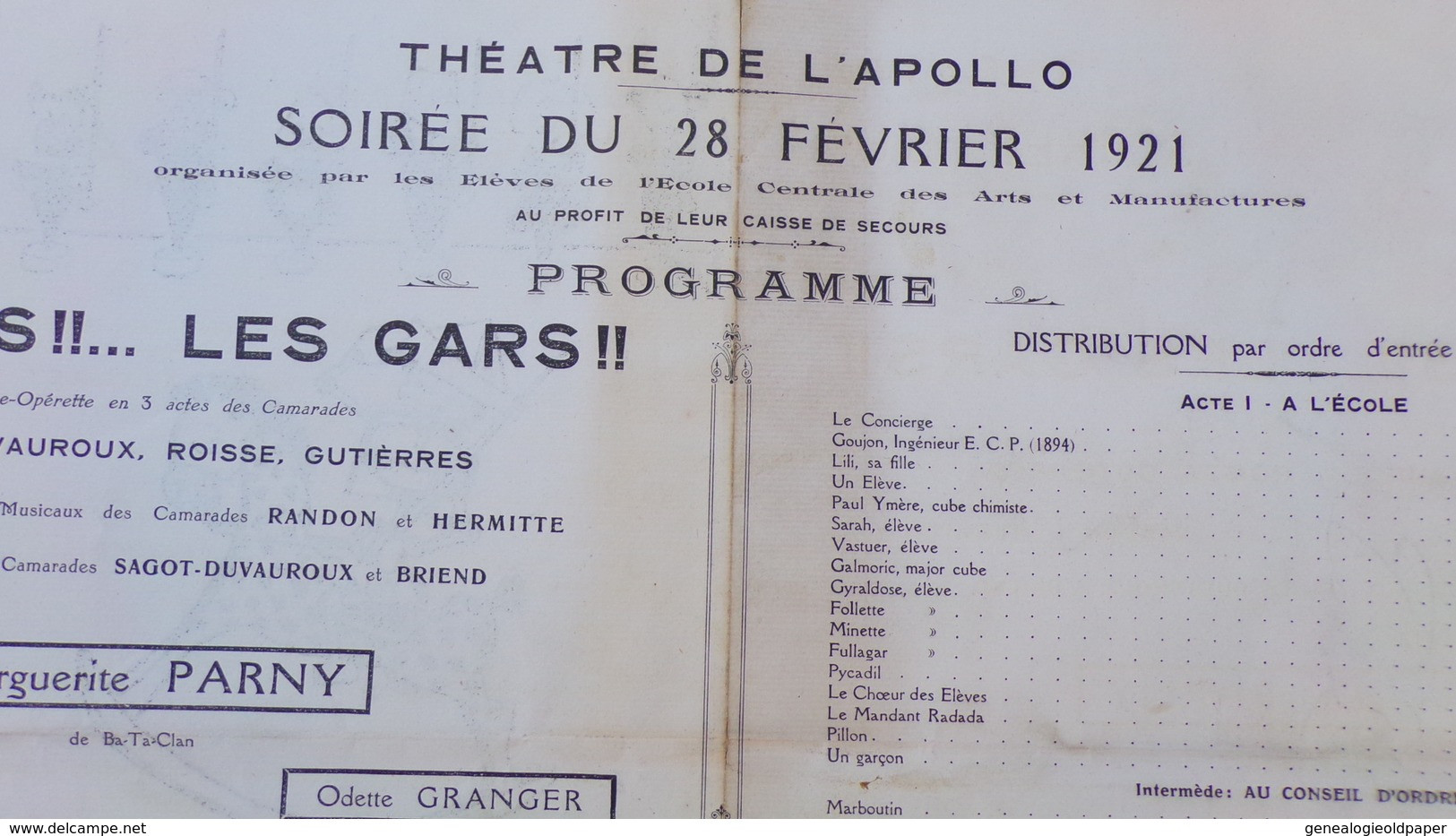 75- PARIS- RARE PROGRAMME ECP-ECOLE CENTRALE ARTS MANUFACTURES-THEATRE APOLLO-1921-HOURDIS !! LES GARS-GUTTIERES-ROISSE- - Programs