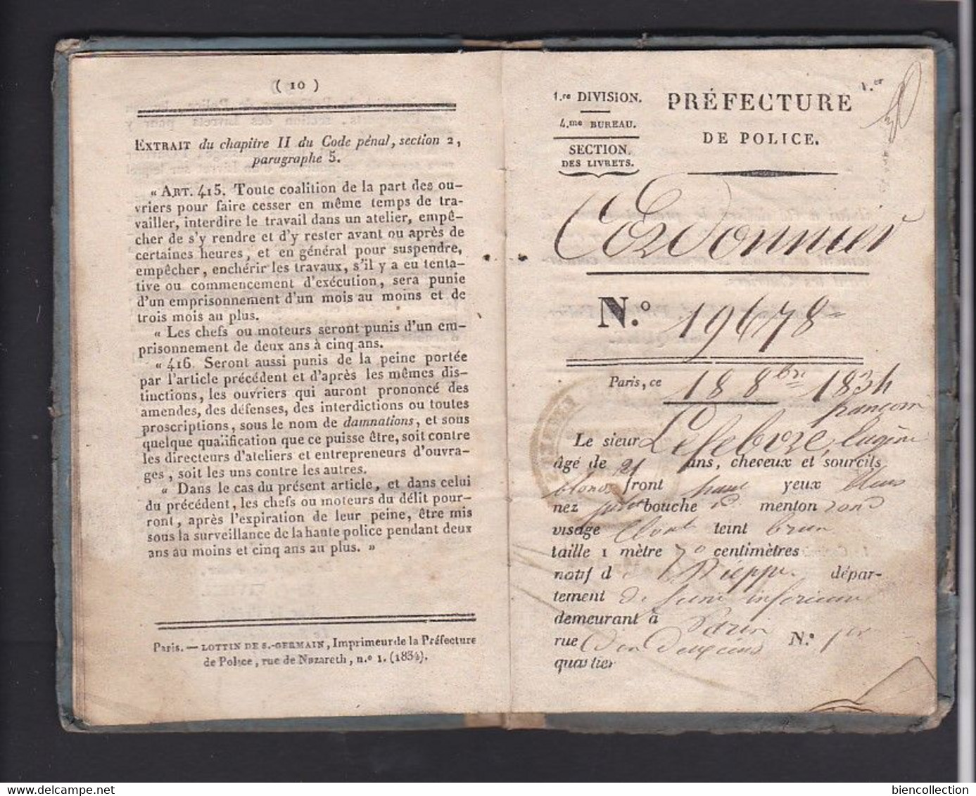 Livret De Travail Délivré En 1834 Par La Préfecture De Police De Paris Pour Un Ouvrier Cordonnier - Documenti Storici