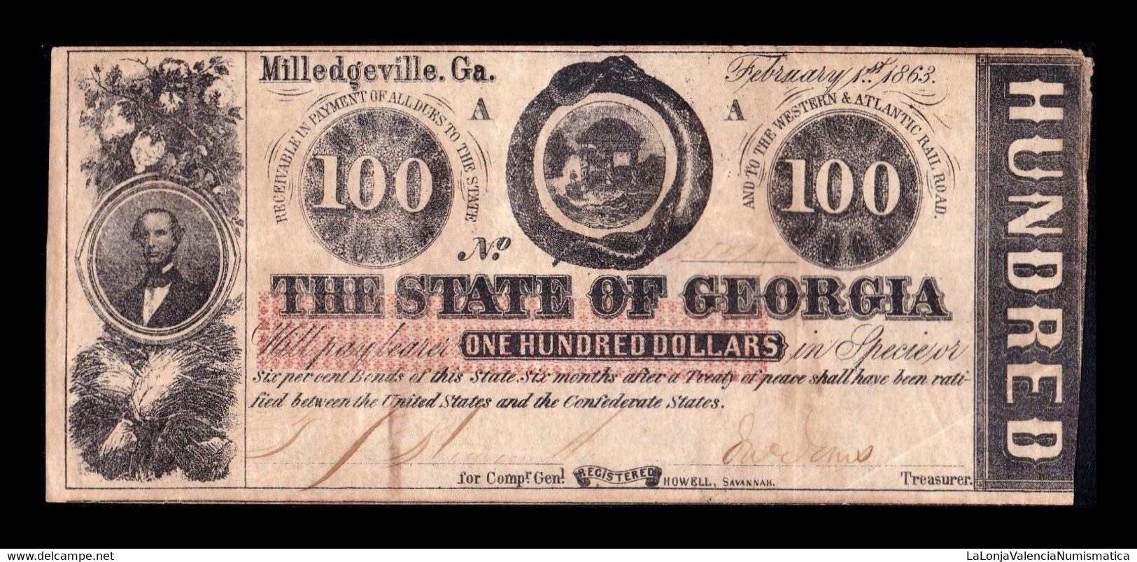 Estados Unidos United States 100 Dollars 1863 Pick S869 Civil War State Of Georgia Milledgeville - Georgia