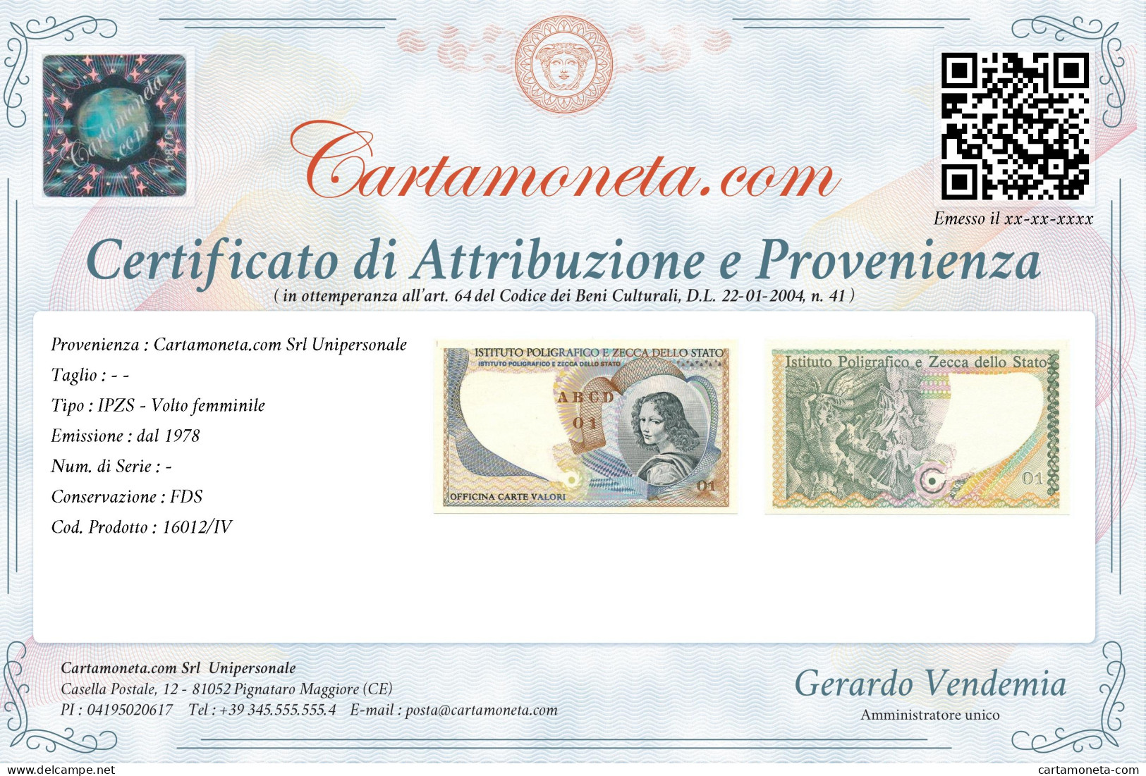 CAMPIONE SPECIMEN IPZS MODELLO VOLTO FEMMINILE DAL 1978 FDS - [ 8] Fakes & Specimens