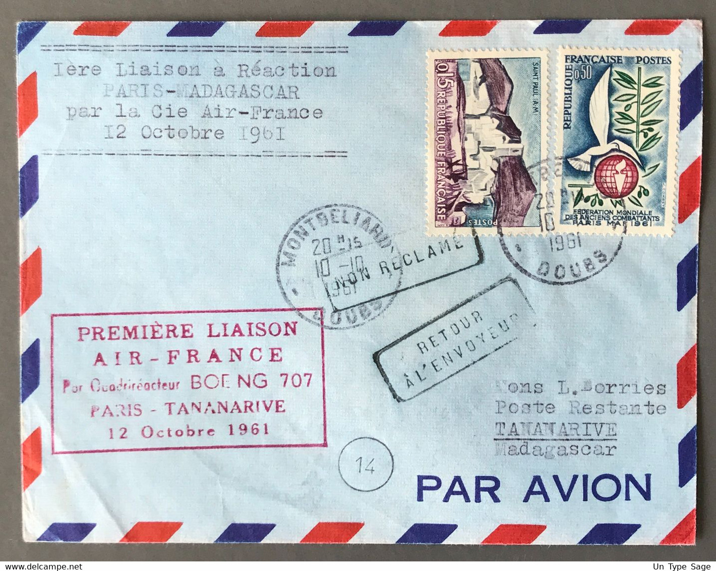 France 1° Liaison (Boeing 707) PARIS - TANANARIVE 12.10.1961 - (A1769) - 1960-.... Storia Postale