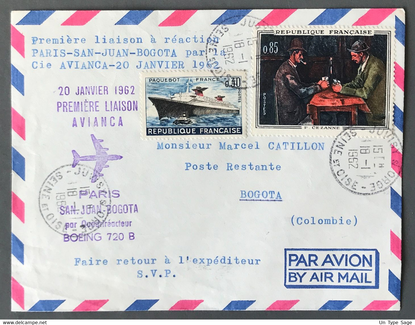 France 1° Liaison (Boeing 720 B) PARIS - SAN JUAN - BOGOTA 20.1.1962 - (A1772) - 1960-.... Lettres & Documents