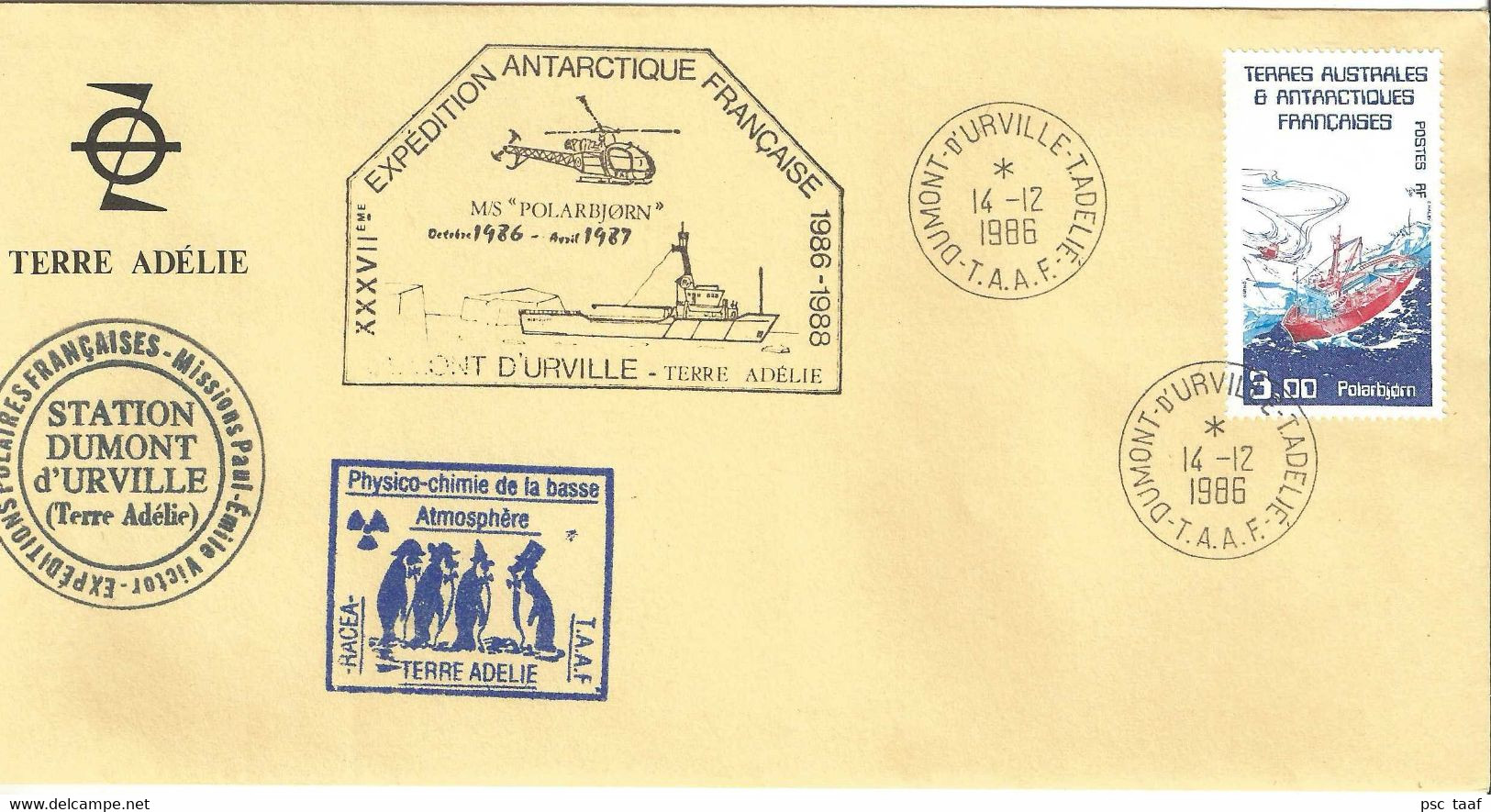 YT 121 Polarbjorn - Expédition Antarctique Française - Dumont Durville - Terre Adélie - 14/12/1986 - Lettres & Documents