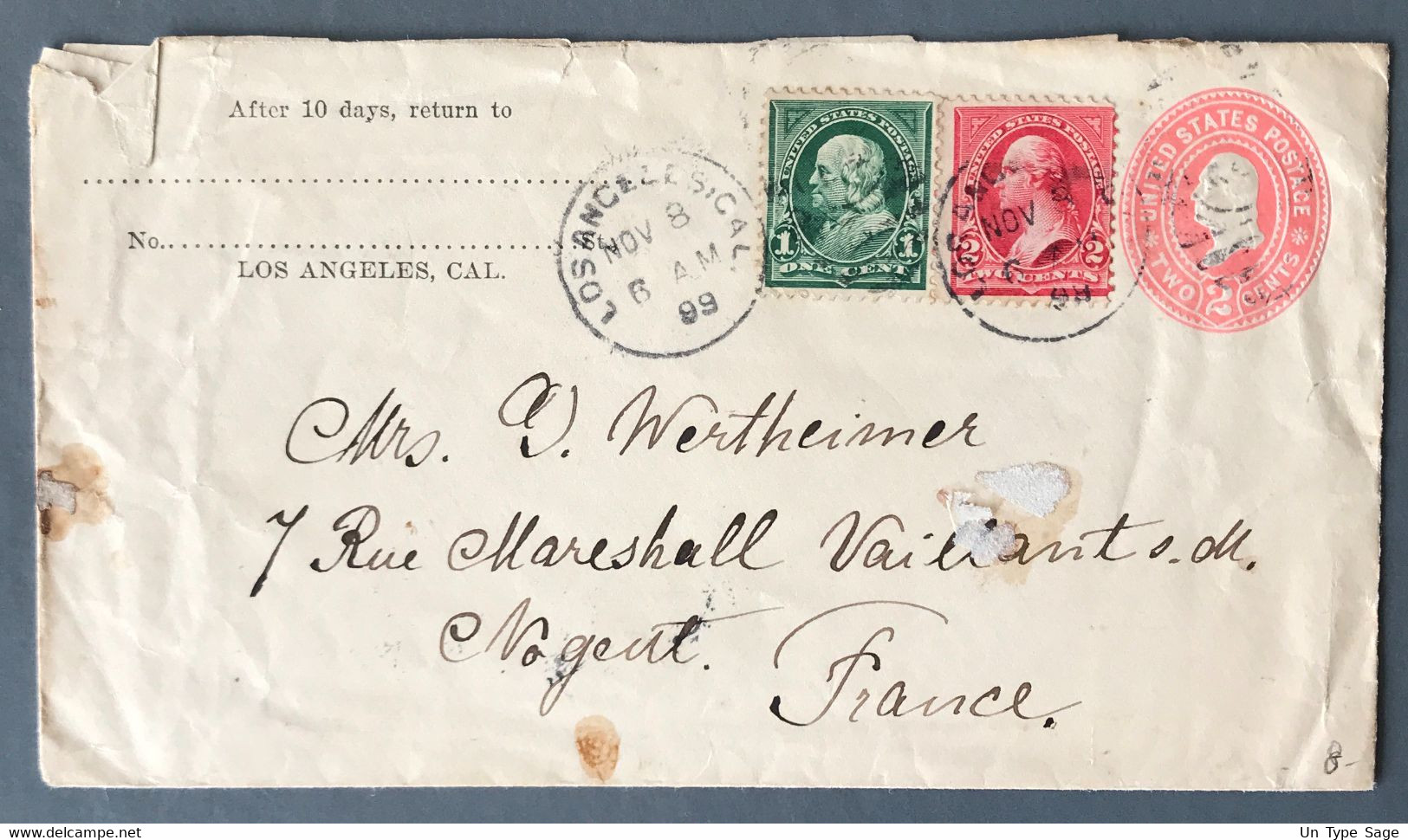 USA - Entier Avec Complément De Los Angeles 1899 Pour La France - (A1780) - ...-1900
