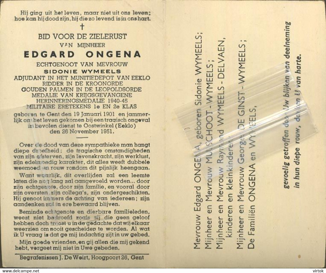 Edgard Ongena   :  Gent 1901 - Ongeval Oostwinkel Eeklo 1951  ( Adjudant Munitiedepot Militaria Eeklo  ) - Devotion Images