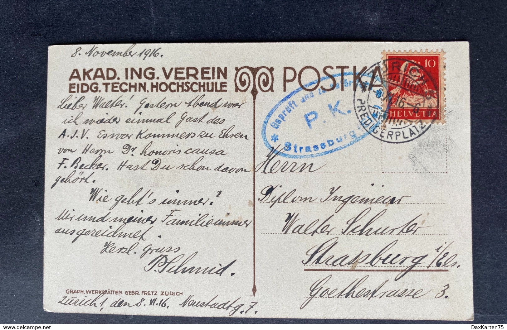 Akad. Ingenieur-Verein/ K. Kobel/ Gestempelt 1916 In Zürich - 1900-1949
