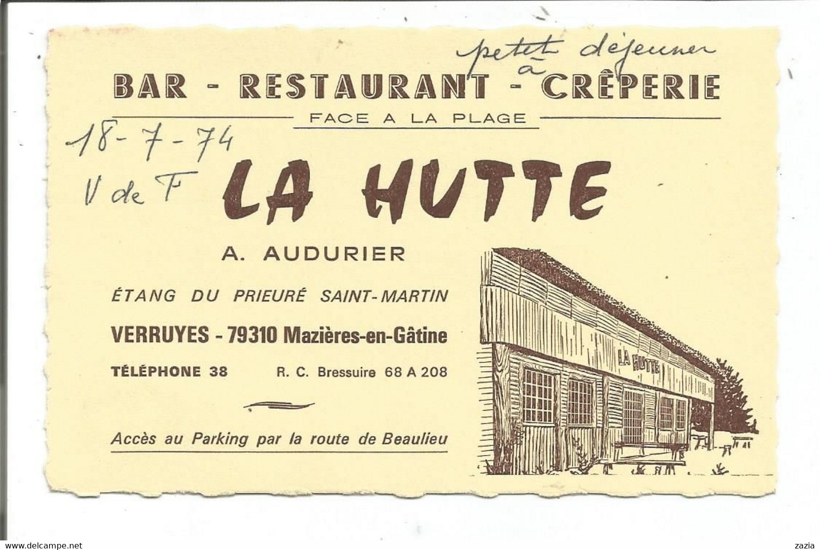 79.165/ MAZIERES EN GATINE - Carte De Visite Bar Restaurant La Hutte - Mazieres En Gatine