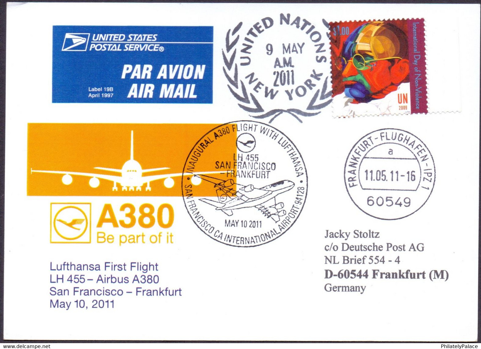 2011 – Mahatma Gandhi Flight Card 09.05.11 UNO New York, USA To Frankfurt ,Germany  (**) - Covers & Documents