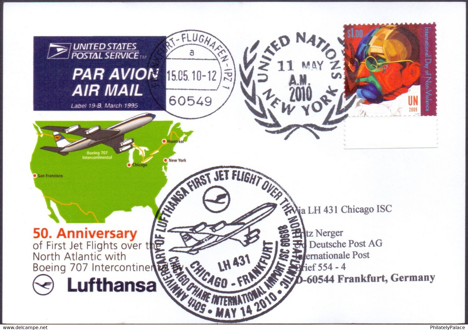2011 – Mahatma Gandhi Flight Card 11.05.10 UNO New York USA To Frankfurt , Germany Via Chicago   (**) - Storia Postale
