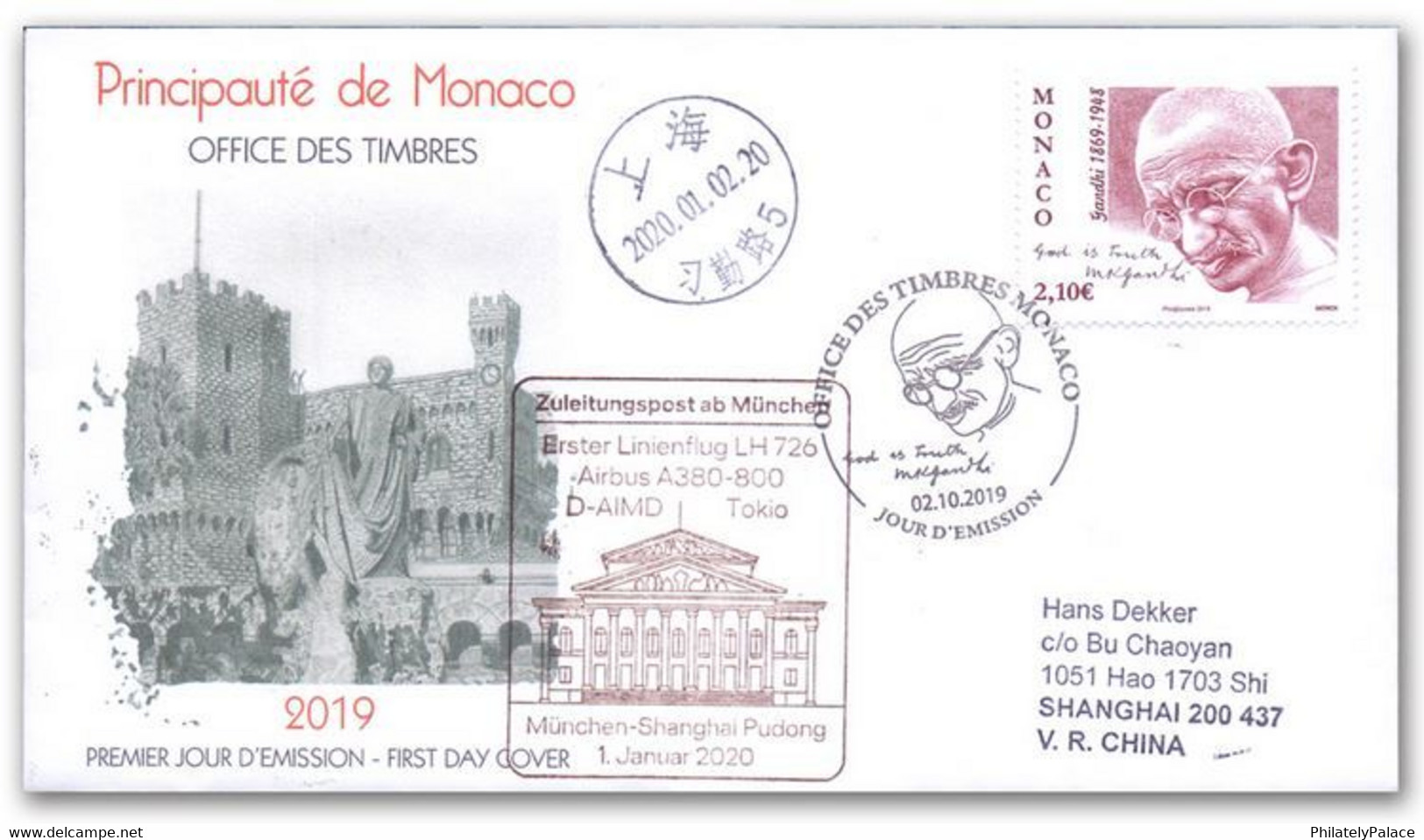 2019 – Mahatma Gandhi Monaco FDC Used On Flight To Shanghai ,China  (**) - Briefe U. Dokumente