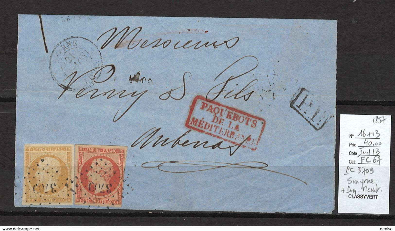 France - Lettre PC 3709 - SMYRNE - Turquie - BFE - + Paquebots De La Méditerrannée - 1857 - Seepost