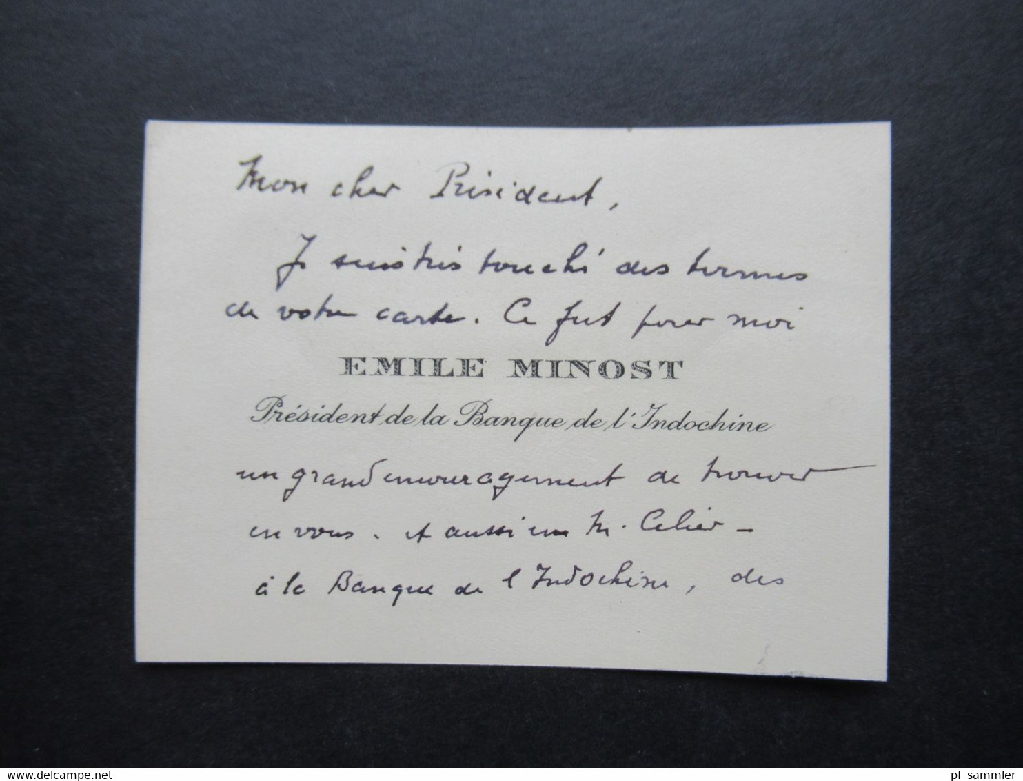 Frankreich 1949 Kleiner Umschlag Mit Eigenhändiger Visitenkarte Emile Minost President De La Banque De L'Indochine - Cartes De Visite