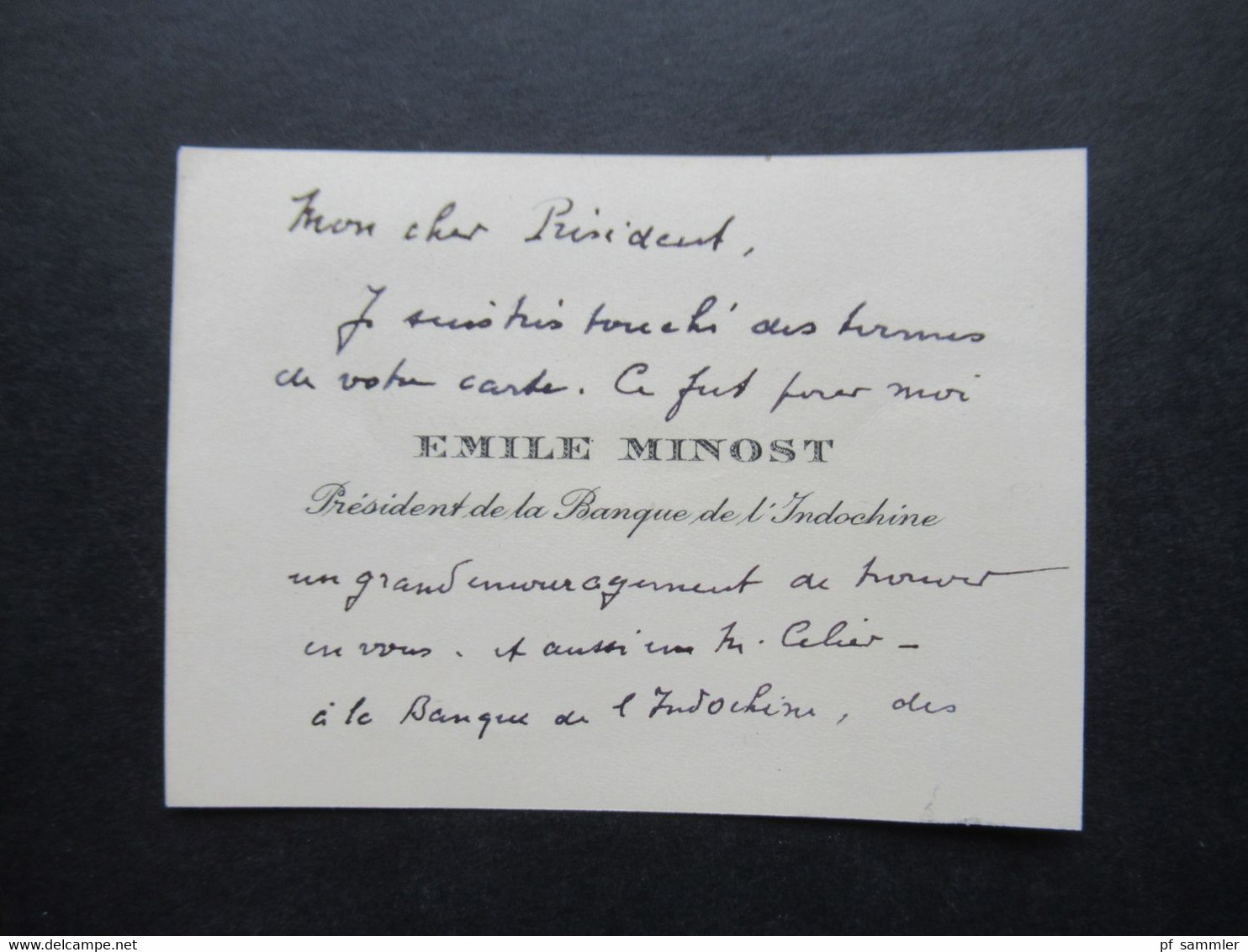 Frankreich 1949 Kleiner Umschlag Mit Eigenhändiger Visitenkarte Emile Minost President De La Banque De L'Indochine - Tarjetas De Visita