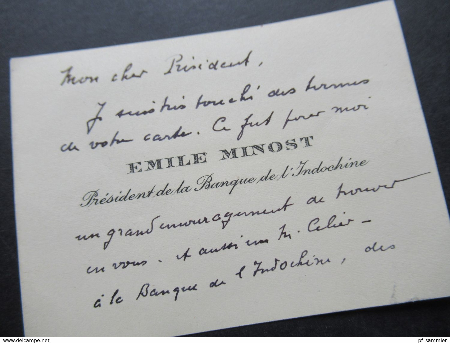 Frankreich 1949 Kleiner Umschlag Mit Eigenhändiger Visitenkarte Emile Minost President De La Banque De L'Indochine - Visiting Cards