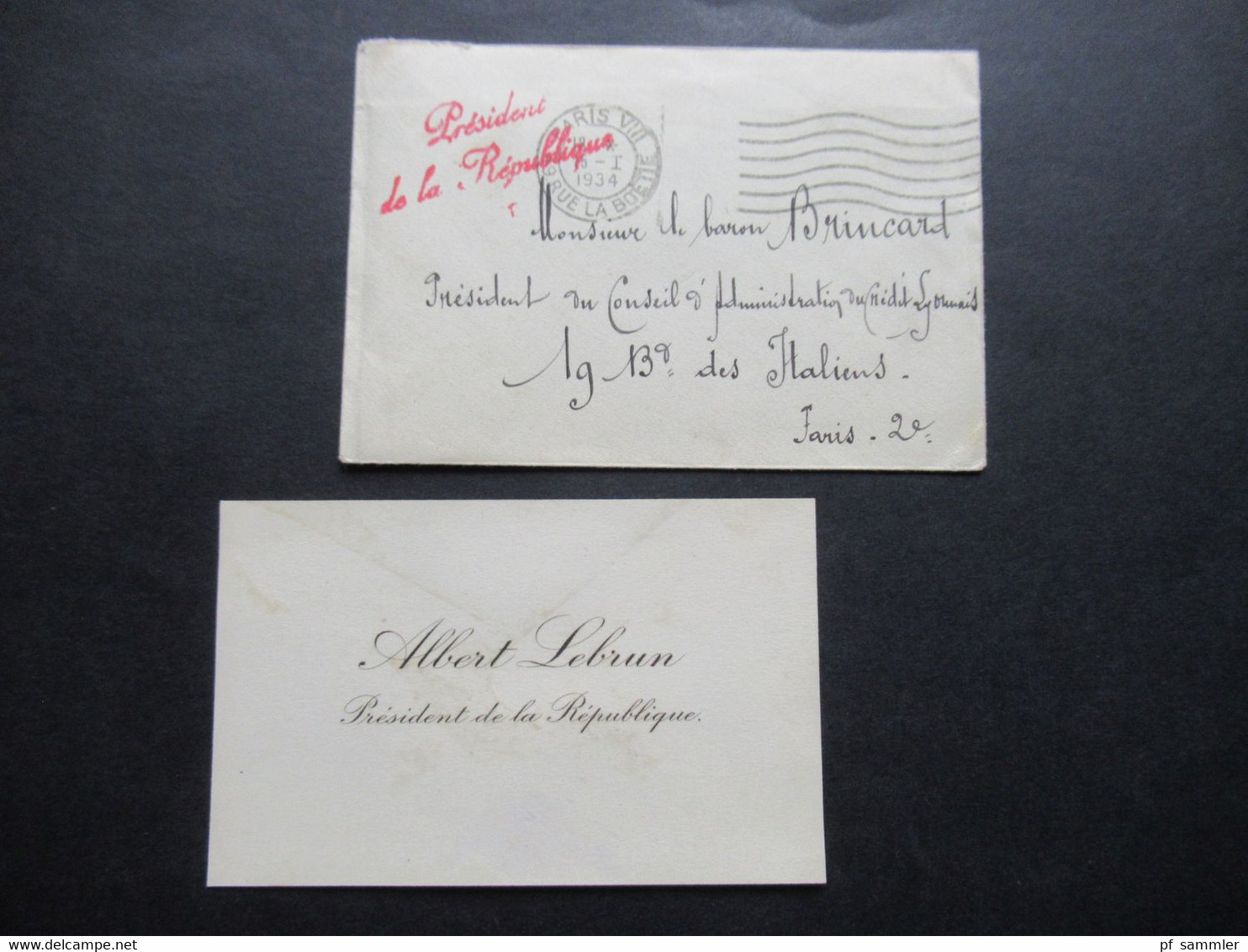 Frankreich 1934 Alte Originale Visitenkarte Albert Lebrun Präsident De La Republique Umschlag Roter Stempel President - Cartes De Visite