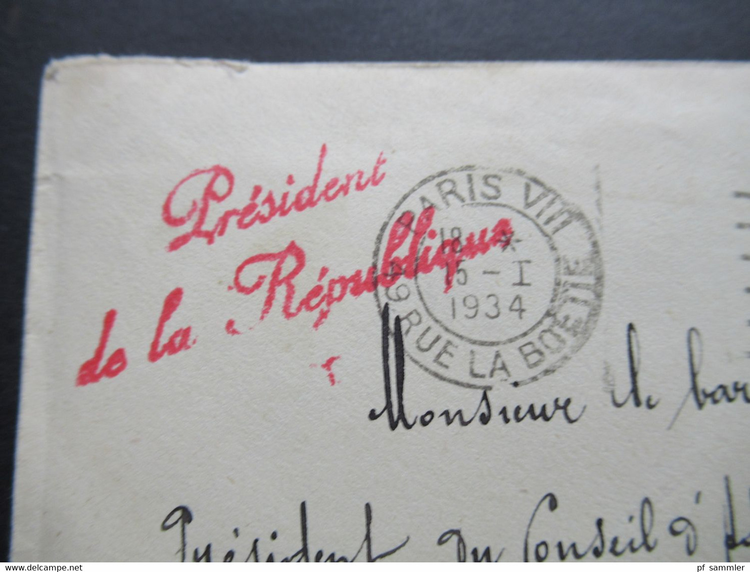 Frankreich 1934 Alte Originale Visitenkarte Albert Lebrun Präsident De La Republique Umschlag Roter Stempel President - Cartoncini Da Visita