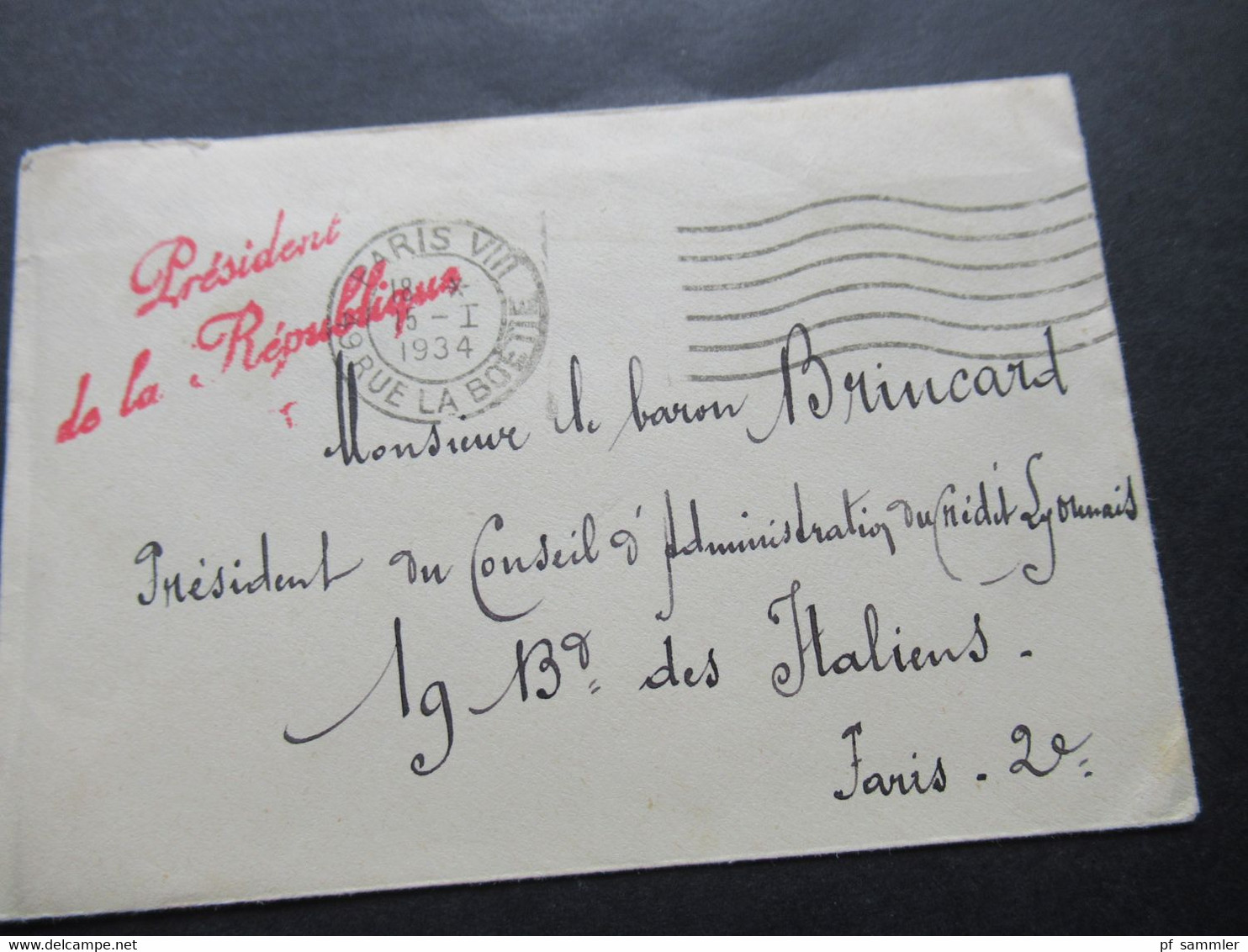 Frankreich 1934 Alte Originale Visitenkarte Albert Lebrun Präsident De La Republique Umschlag Roter Stempel President - Cartoncini Da Visita