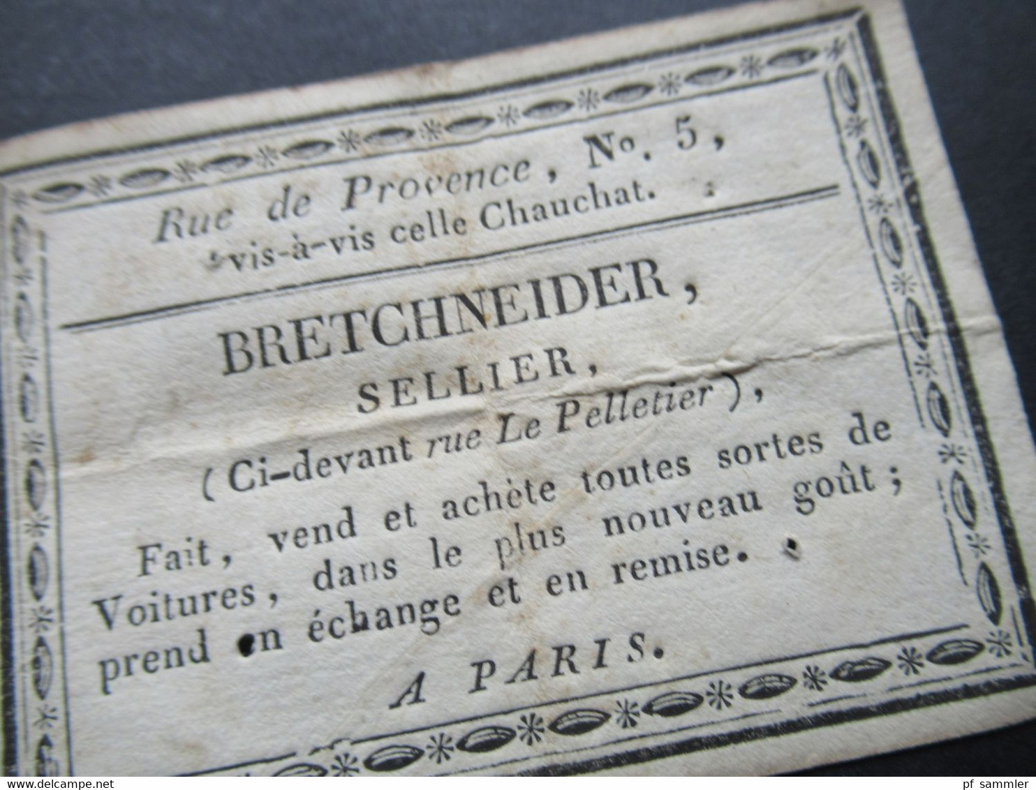 Frankreich Alte Visitenkarte Bretcheneider Seller Ci- Devant Rue Le Pelletier A Paris Tout De Voitures / Autoverkäufer - Cartes De Visite