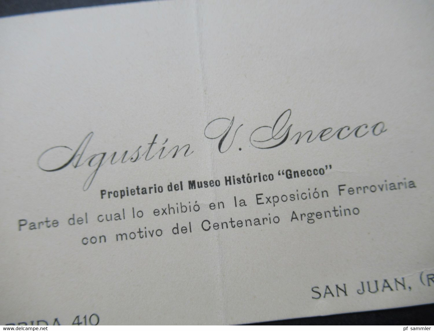 Argentinien Alte Visitenkarte Agustin V. Gnecco San Juan Rep. Argentina Museo Historico Gnecco - Cartoncini Da Visita