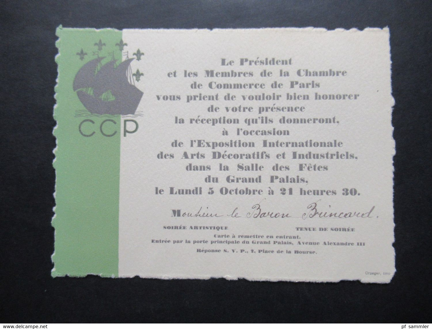 1925 Einladungskarte De L'Exposition Internationale Des Arts Decoratifs Et Industriels Dans La Salle Des Fetes Du Palais - Historical Documents