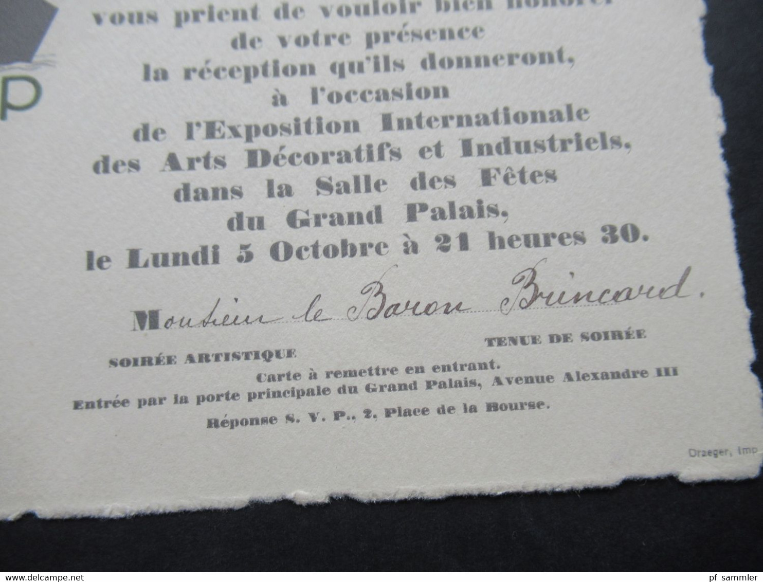 1925 Einladungskarte De L'Exposition Internationale Des Arts Decoratifs Et Industriels Dans La Salle Des Fetes Du Palais - Historical Documents