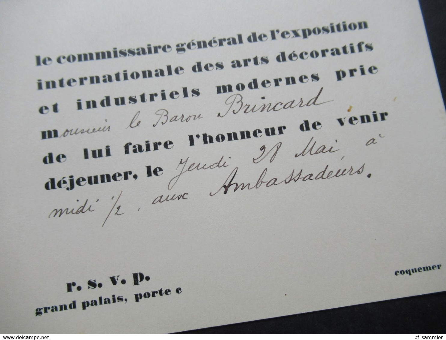 1925 Einladungskarte De L'Exposition Internationale Des Arts Decoratifs Et Industriels Modernes Grand Palais Dejeuner - Historical Documents