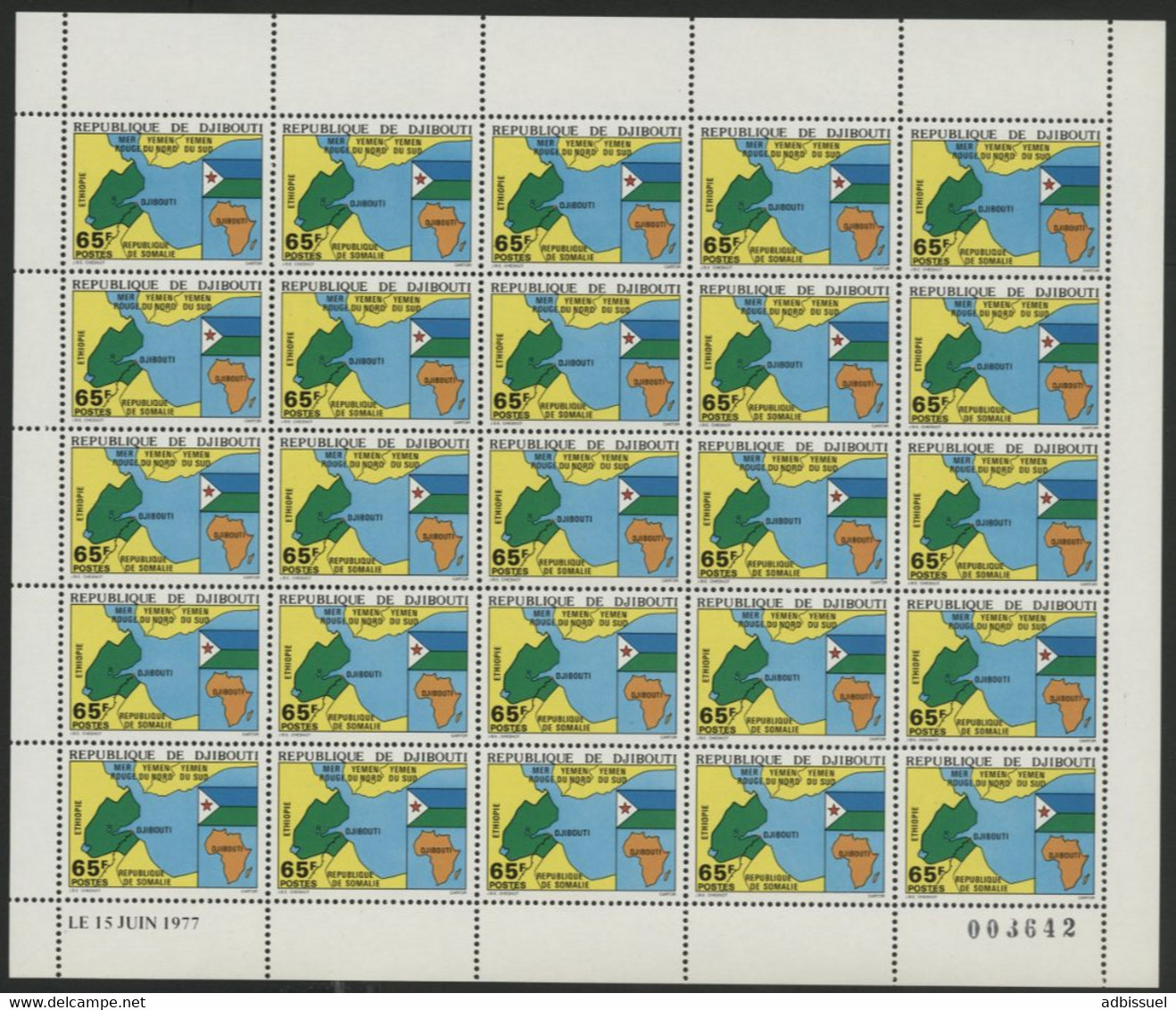 DJIBOUTI N° 459 COTE 50 € FEUILLE COMPLETE DE 25 EXEMPLAIRES NEUFS MNH ** INDEPENDANCE.  TB - Geographie