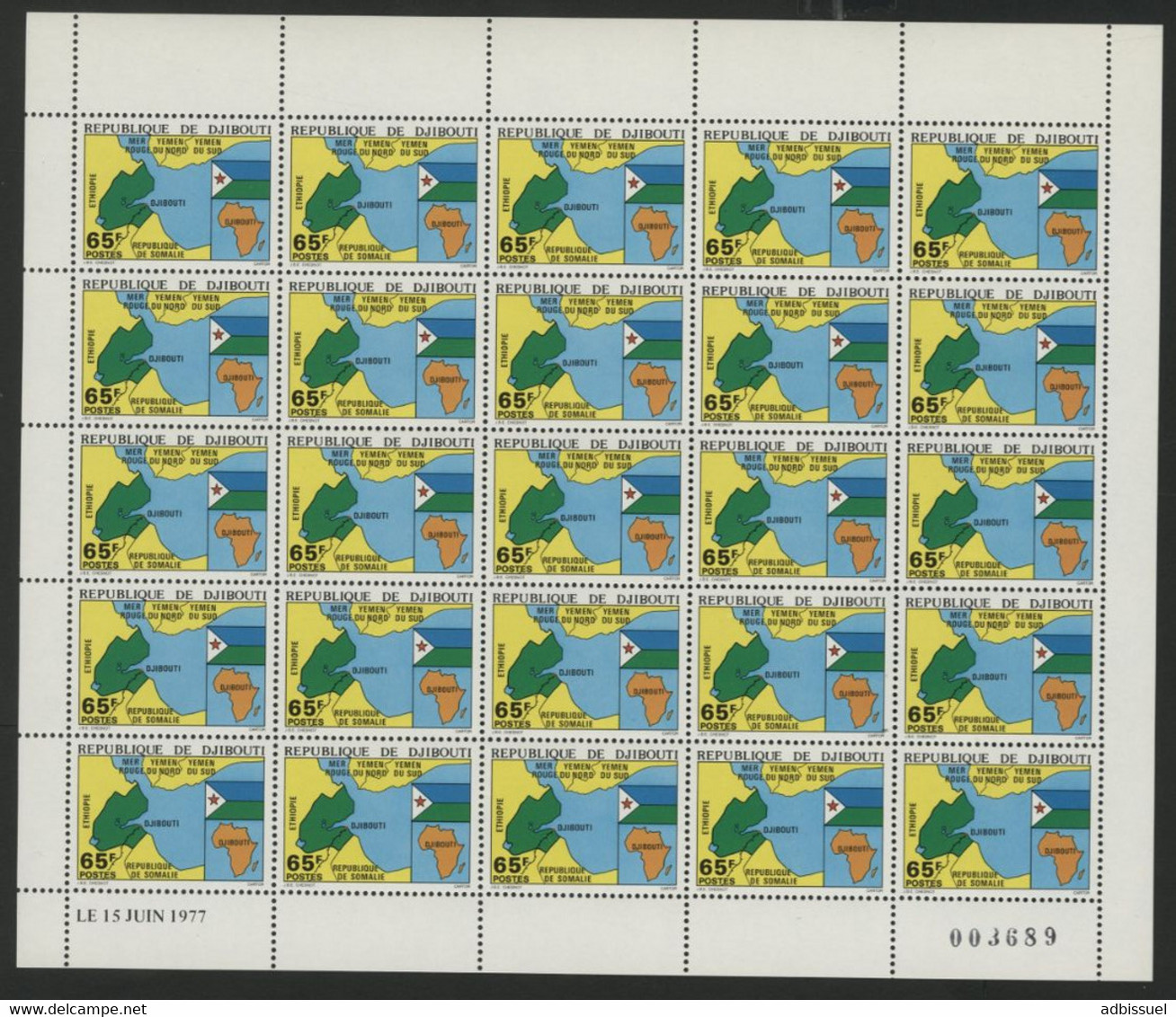 DJIBOUTI N° 459 COTE 50 € FEUILLE COMPLETE DE 25 EXEMPLAIRES NEUFS ** (MNH) INDEPENDANCE TB - Djibouti (1977-...)