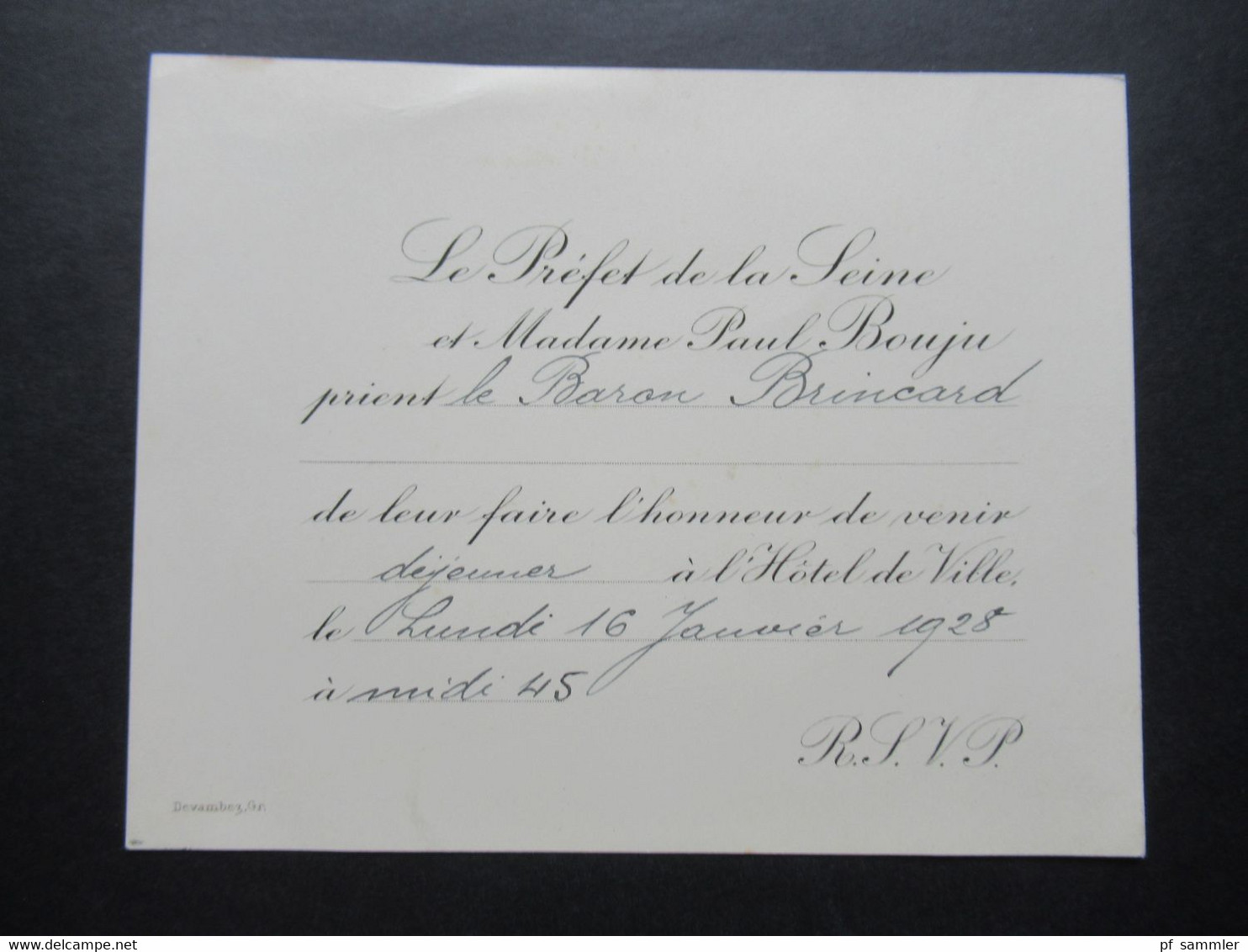 1928 Einladungskarte Le Prefet De La Seine Et Madame Paul Bouju De Venir Dejeuner Hotel De Ville An Baron Brincard - Historical Documents